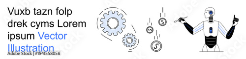 Automation, financial technology, AI, robotics, industry, innovation. A robotic figure with gears and currency symbols. Automation and financial technology concepts