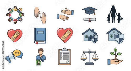 Diverse Icons Representing Social Services Community and Support Systems.