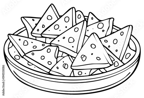 Bowl of cheese slices illustration. Triangular cheese wedges in a bowl, black and white outline.