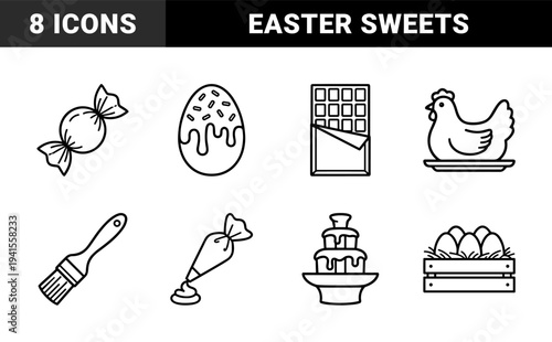 Easter celebration and confectionery production elements in monoline style. Minimalist line art featuring seasonal treats, farm animals, and chocolate tempering tools.