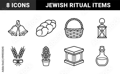Sabbath and Jewish holiday ritual objects featuring challah bread, havdalah candle, and kiddush wine. Monoline traditional religious symbols for cultural education.
