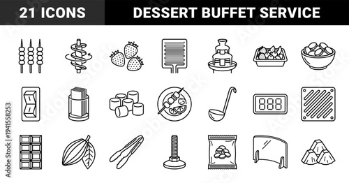 Chocolate fountain and fondue catering equipment for event planning. Technical monoline pictograms featuring dessert bar and buffet service concepts.