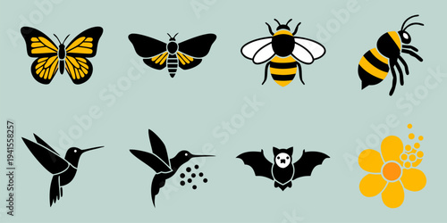 Assorted Insects and Birds Silhouette Icon Set Featuring Butterflies, Bees, and Hummingbirds in Various Flight Positions