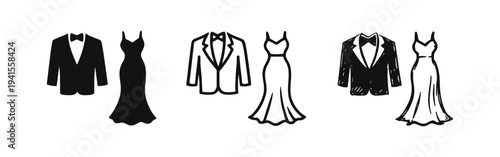 Formal Attire Icon Set: Tuxedo Suit and Evening Gown