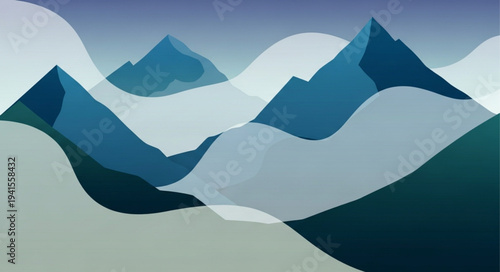 Stylized Mountain Landscape Illustration with Snow Peaks.