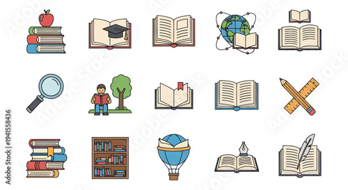Colorful Collection of Education Knowledge and Learning Icons.