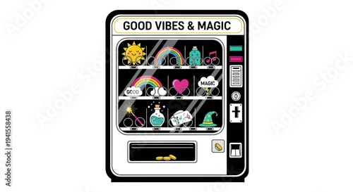 A whimsical vending machine offering good vibes and magic, filled with symbolic items.