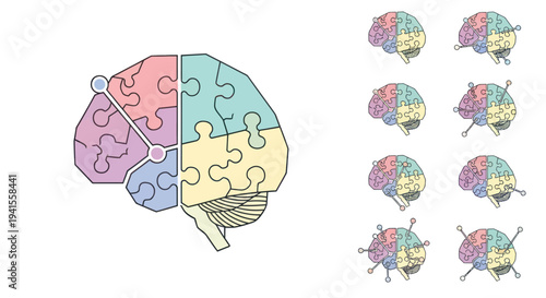 Colorful Brain Puzzle Illustration Representing Cognitive Function and Thought.