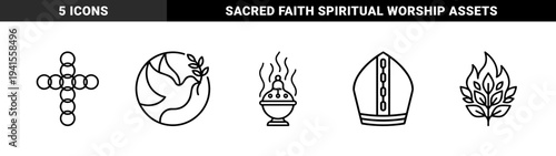 Christian religious symbols and liturgical elements in monolinear outline style. Catholic sacraments and spiritual grace concepts for church ministry graphics.
