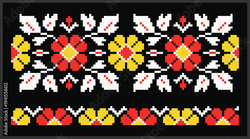 Ukrainian pixel embroidery floral motif on black background. Colorful red and yellow flowers with white leaves on dark backdrop. Natural ethnic design for decor