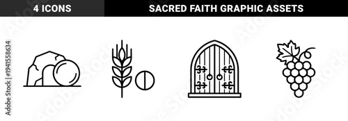 Christian religious symbols and biblical elements in a clean monoline aesthetic. Minimalist linear graphics featuring wheat bread grapes tomb and church doors.