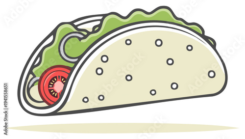 Colorful outlined taco graphic with fresh crisp lettuce red ripe tomato and savory fillings