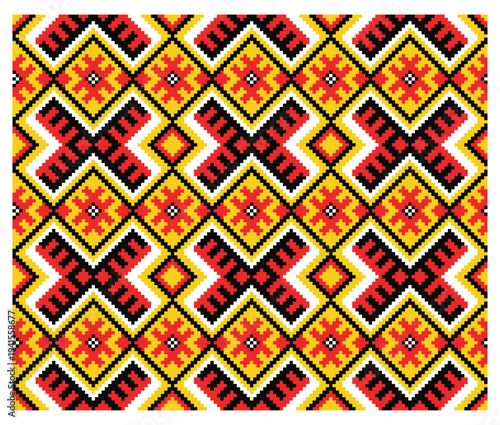 Endless seamless tile of Lviv-region Ukrainian cross-stitch diamond motifs in pixel style. Red, black and yellow geometric repeat for traditional ethnic design