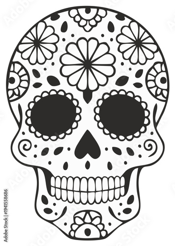 Intricate Black and White Sugar Skull Art with Floral and Swirl Decorations