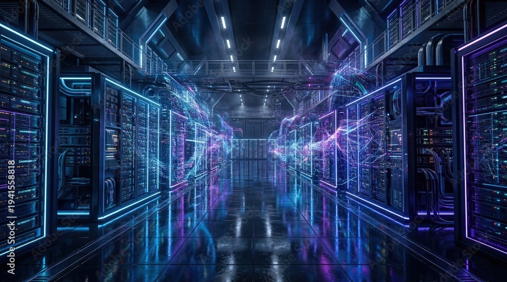 Fototapeta premium Futuristic server room with neon lights and data connections