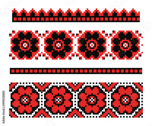 Pixel art Ukrainian vyshyvanka clothing ornaments set with repeated floral motifs and decorative borders in red and black. Authentic Lviv-region folk embroidery design