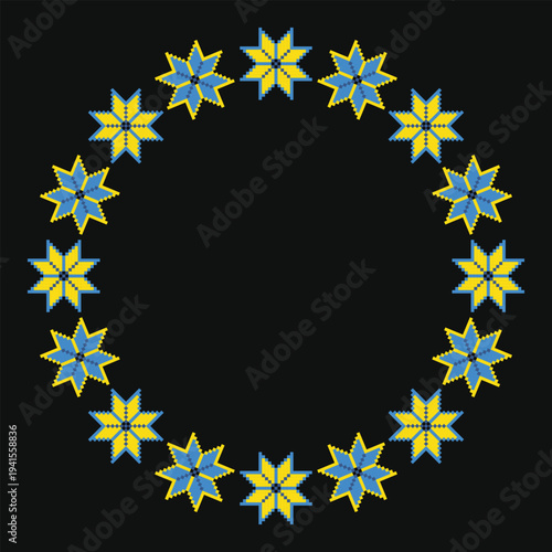 Traditional Ukrainian Alatyr star ornament in circle frame in yellow and blue on black background