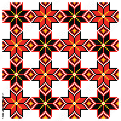 Seamless endless tile of traditional Ukrainian Alatyr star geometric ornament. Red, black and yellow folk motif from Lviv embroidery tradition