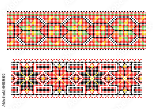 Dotted intricate Lviv Ukrainian cross-stitch ornaments. Alatyr stars, geometric diamonds in classic red, black, yellow and green vyshyvanka colors