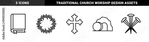 Christian easter passion week religious symbols in thick monoline style. Minimalist sacred graphics featuring the cross, bible, crown of thorns, nails, and empty tomb.
