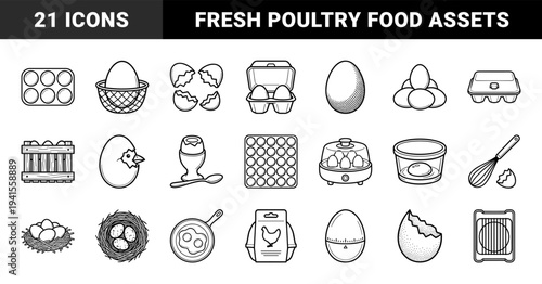 Poultry farming and breakfast preparation elements for culinary branding. Bold monoline illustrations featuring fresh eggs, kitchen tools, and nesting concepts.