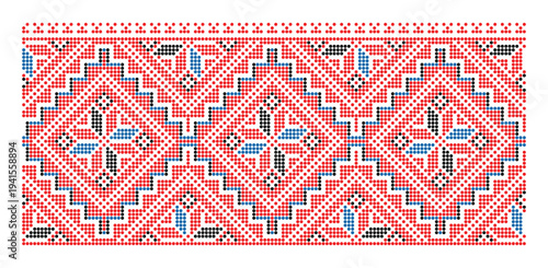 Stylized Ukrainian beaded ornament with geometric shapes and Alatyr stars in red, black and blue. Lviv folk embroidery for vyshyvanka clothing