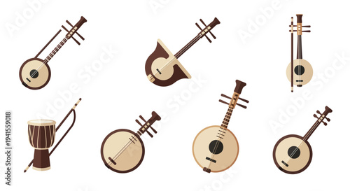 Collection of Traditional String and Percussion Musical Instruments.
