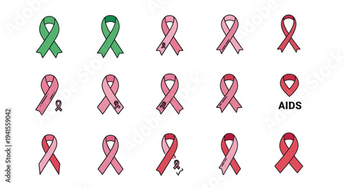 Collection of Awareness Ribbons in Various Colors and Designs Symbolizing Different Causes.