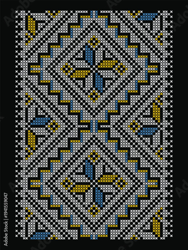 Ukrainian cross-stitch geometric ornament with Alatyr star in white, yellow and blue on black background. Geometric Lviv folk embroidery motifs