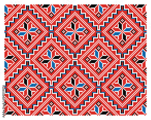 Seamless endless tile of Ukrainian Alatyr star and diamond geometric ornaments. Red, black and blue colored Lviv folk motifs in repeat