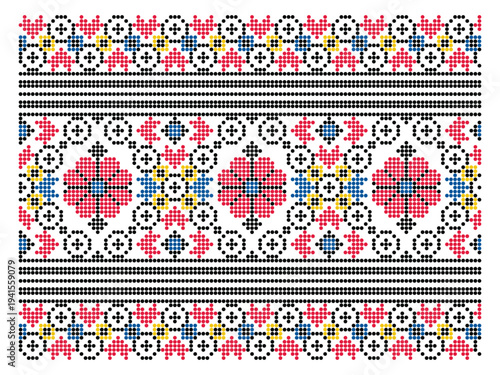 Ukrainian folk embroidery from Lviv region in dotted style. Seamless repeat with red flowers, multicolor decor elements and black geometric borders. Authentic ethnic pattern