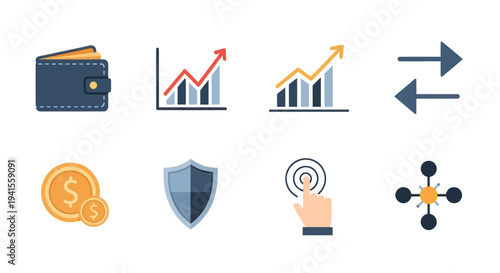 Collection of business and finance icons for digital transactions and growth.
