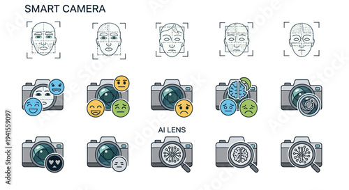 Smart Camera AI Lens Facial Recognition Technology Icons Set.