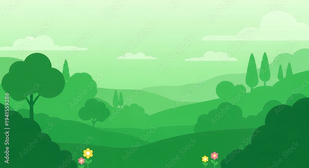 Obraz premium Vibrant Green Rolling Hills and Lush Trees Under a Sky with Fluffy Clouds