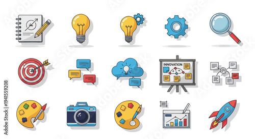 Colorful Hand-Drawn Business Creative and Technology Concept Icons Set.
