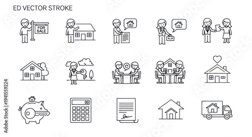Real Estate Icons: Line Art Depicting Home Buying Selling and Ownership Concepts.