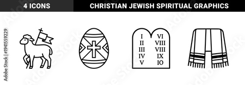 Religious symbols for Easter and Judaism featuring a decorated egg with cross, agnus dei lamb, prayer shawl, and ten commandments tablets. Minimalist monoline cultural graphics.