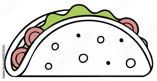 Simple stylized cartoon taco with lettuce and meat filling illustration