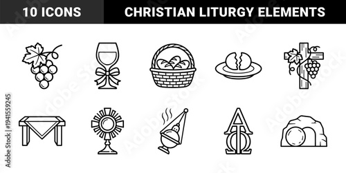 Christian religious symbols and liturgical elements for ecclesiastical design. Minimalist monoline pictograms featuring communion bread, wine, holy cross, and easter tomb.