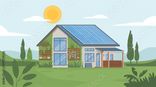 Modern greenhouse with solar panels and lush garden under sunny sky, home building architecture