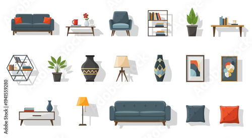 Collection of Furniture and Home Decor Items in Flat Vector Style.
