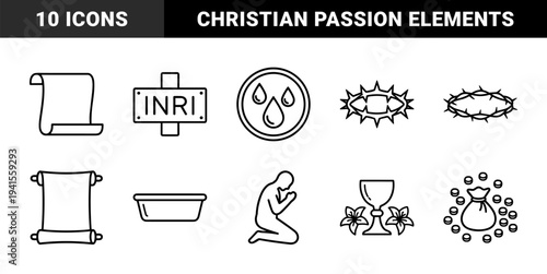 Easter Holy Week religious symbols for liturgical design. Minimalist monoline pictograms featuring crown of thorns, INRI sign, silver coins, and chalice.