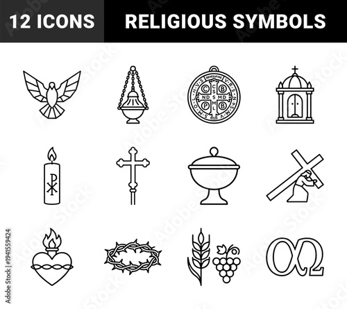 Catholic religious symbols and liturgical elements for ecclesiastical design. Minimalist monoline pictograms featuring holy eucharist and lenten devotionals.