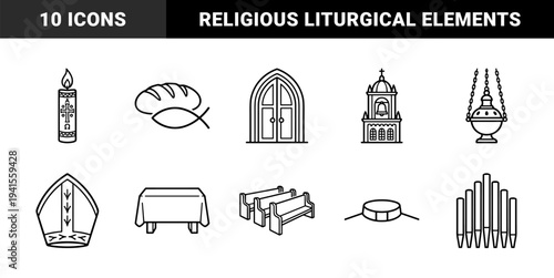 Ecclesiastical and liturgical symbols for religious education and church branding. Technical monoline pictograms featuring cathedral architecture, sacramental elements, and clergy vestments.