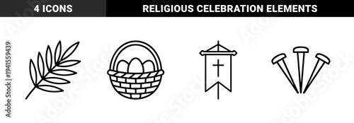 Easter holiday and religious celebration symbols featuring a wicker basket with eggs, palm branch, crucifixion nails, and church banner in a monolinear minimalist style.