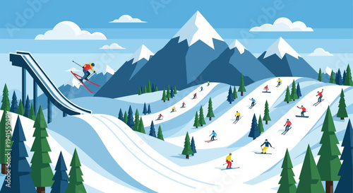 A vibrant winter scene depicts skiers and snowboarders enjoying snowy mountains and a jump featuring a distinct silhouette high quality professional