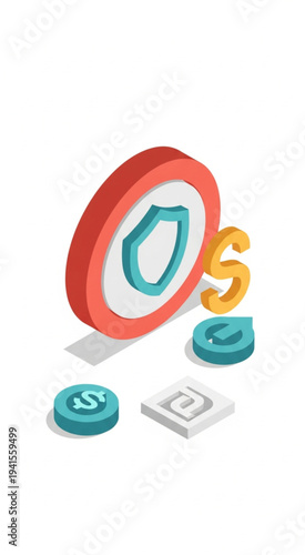 3D illustration of coins and currency symbols.