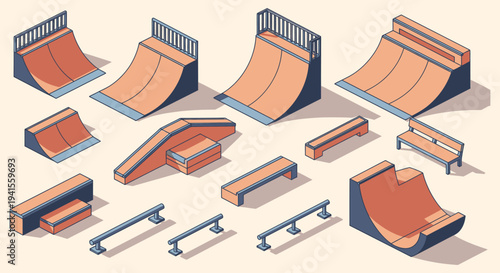 Isometric illustration depicting various skatepark ramps and rails in orange and blue a graphic silhouette high quality professional detailed modern elegant