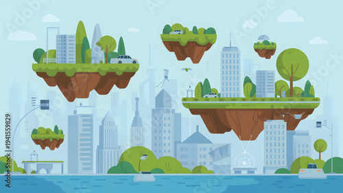 Floating islands with trees, cars, and buildings in a stylized city landscape, landmass, and earth soil