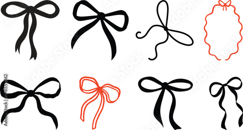 Collection of twelve textured black ribbon bows in a grid layout for decorative purposes.Set of Twelve Black Ribbon Bow Illustrations on White Background, Gift Wrap Decoration Designs.